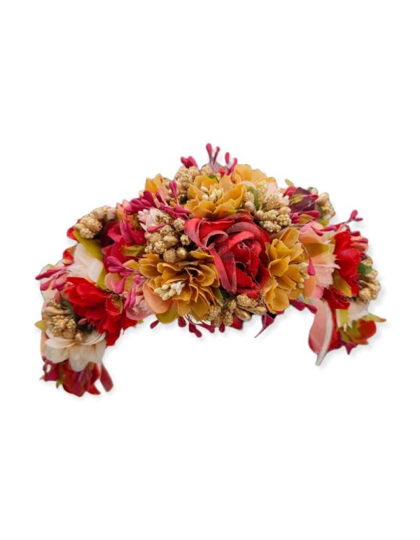 Diadema de flores para invitada en tonos rojos para eventos 2