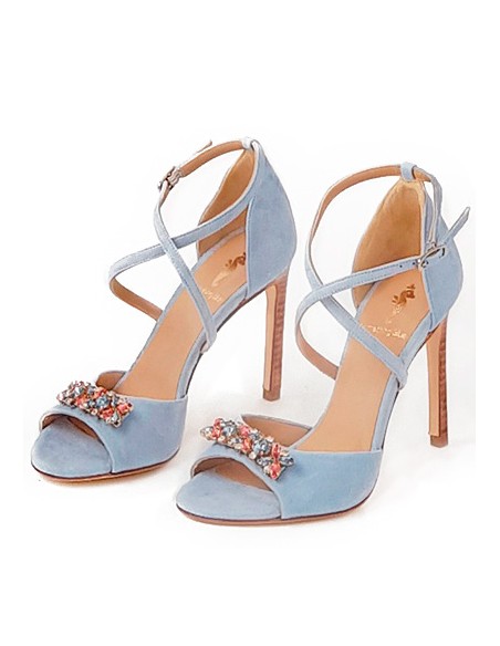 Suede party sandal with crossed straps and jewel embellishment