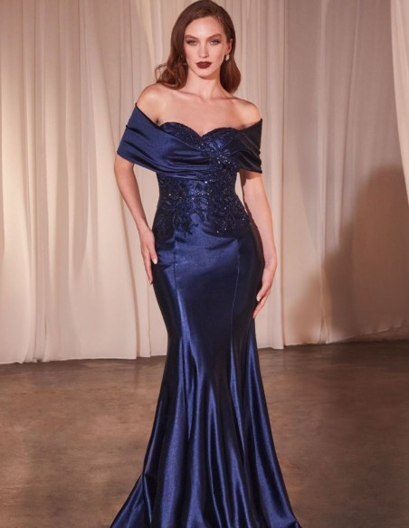 Guest dress in lace and satin with bare shoulders