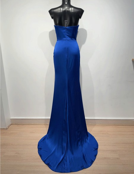 strapless satin ball gown with draped bodice and front opening