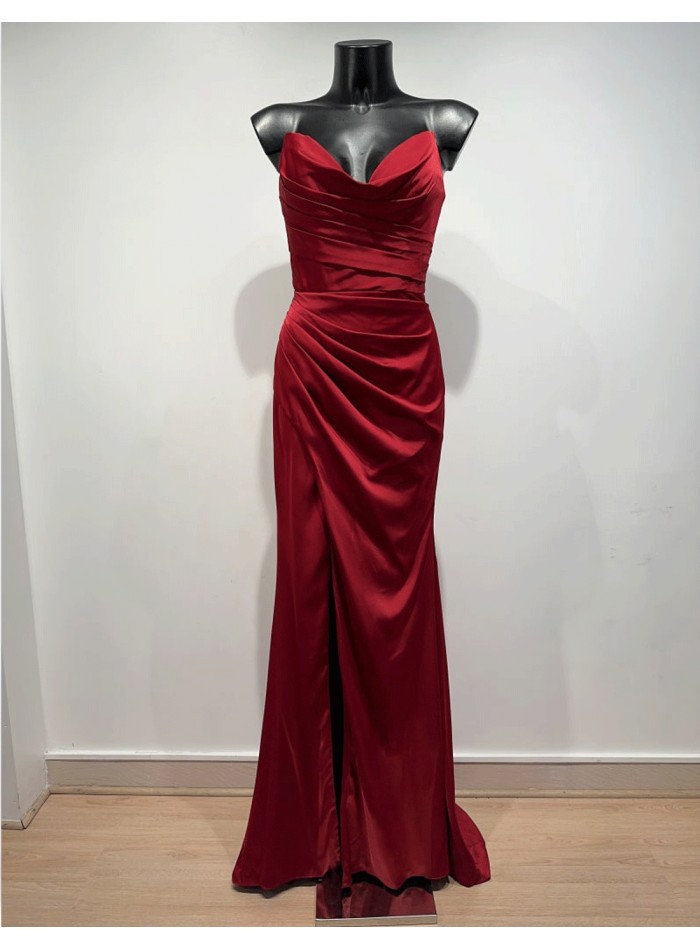 strapless satin ball gown with draped bodice and front opening