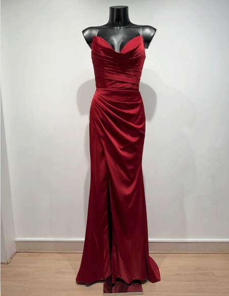 strapless satin ball gown with draped bodice and front opening