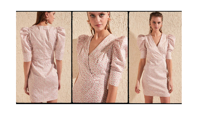 vestido mini de flores pequeñas con mangas abullonada y escote cruzado