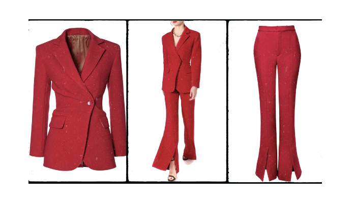 traje de chaqueta rojo con pantalón de campana abierto