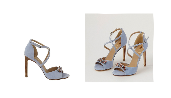 zapatos de fiesta azules de ante con tiras pedrería y abiertos por delante