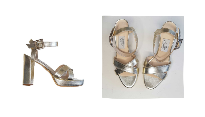 zapatos color champagne con tacón ancho de tiras y agarrados al tobillo