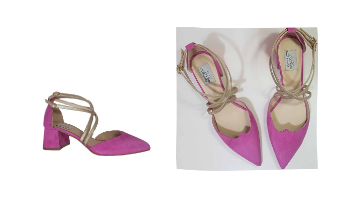 zapatos de tacón bajo rosa fucsia de ante con tiras de color dorado al tobillo