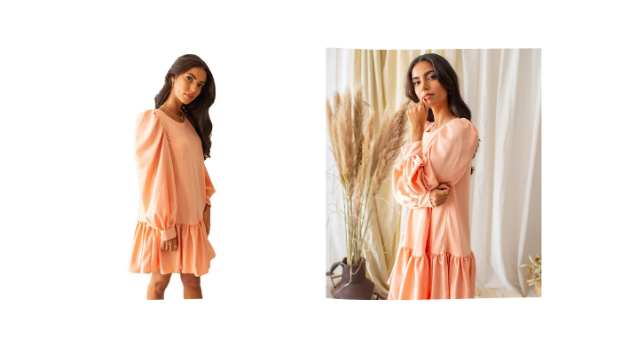 Vestido corto salmón con bajo fruncido