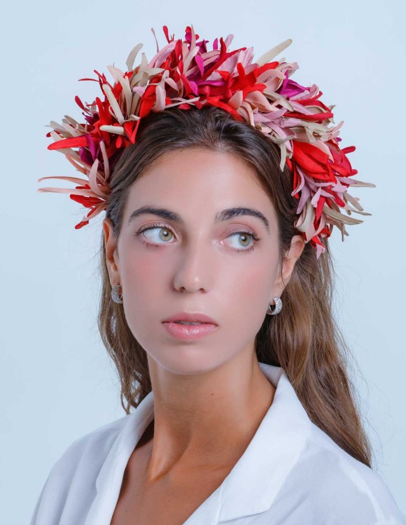 red and bougainvillea fringed maxi headdress 