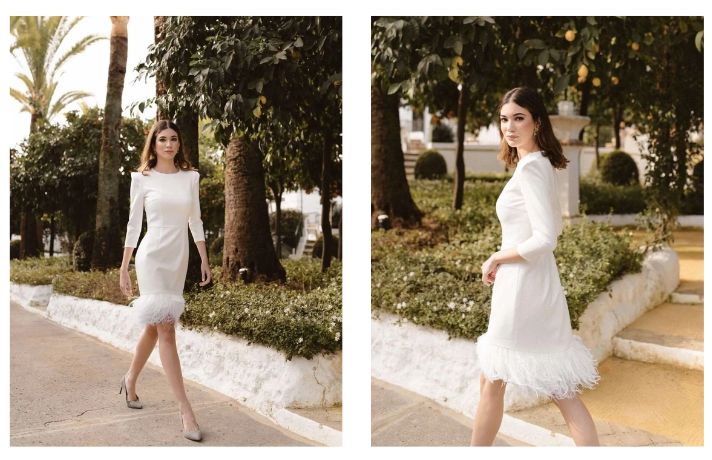 Wedding dress with feathers and box neckline