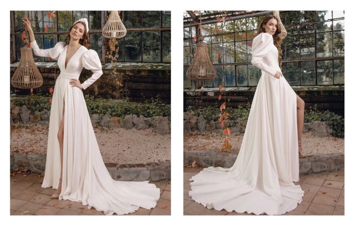 Satin wedding dress with puffed sleeves and V neckline