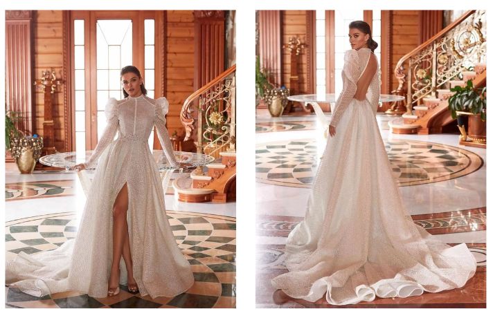  Vestido de novia con manga abullonada y espalda descubierta