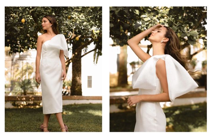 Vestido de novia midi en crepe con detalle lazo