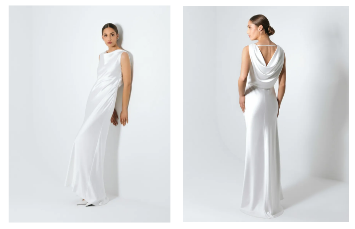 Vestido de novia largo con espalda drapeada y falda con cola